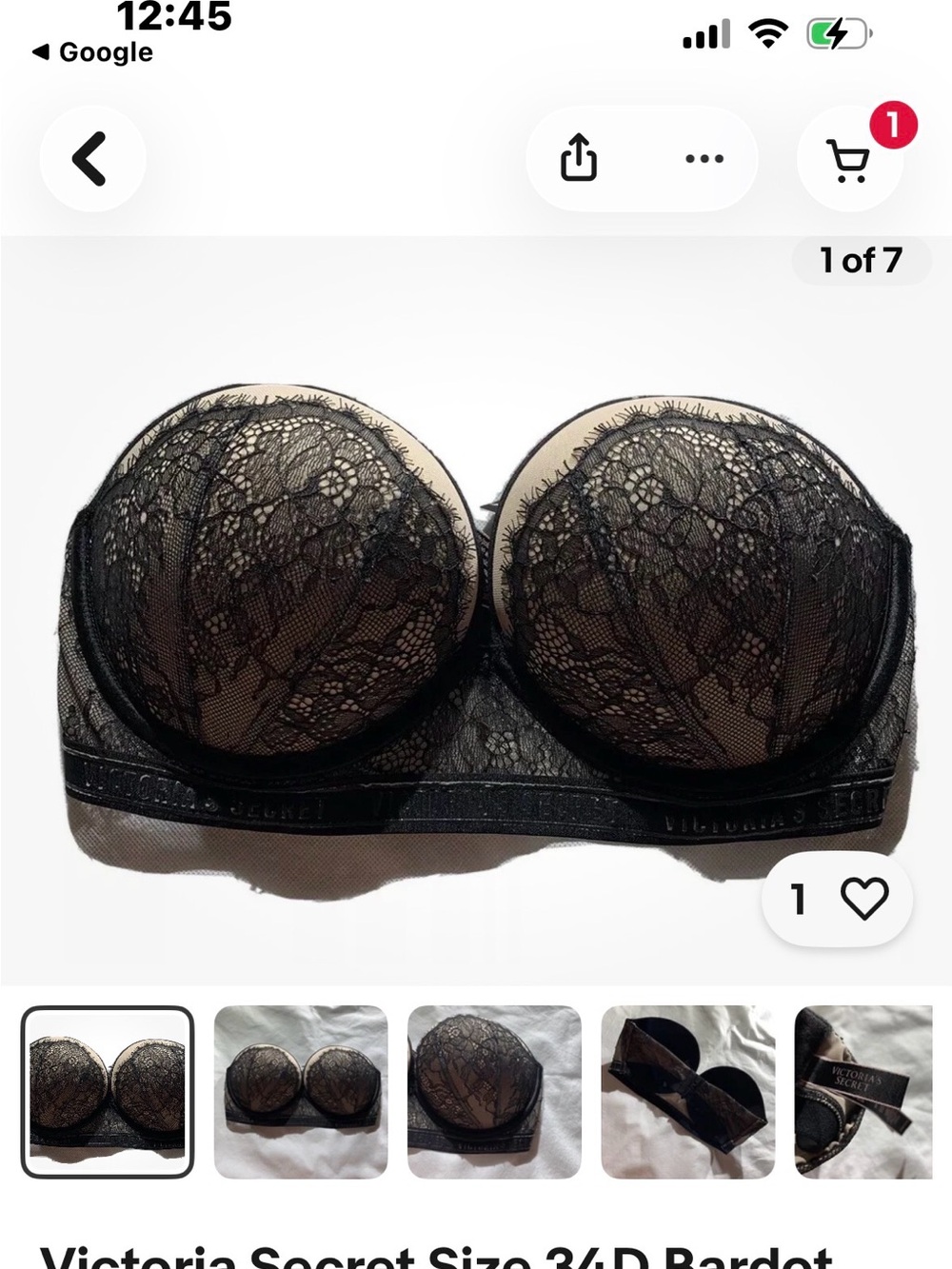 Victoria's Secret Black Bardot Lace Strapless Bandeau Bra